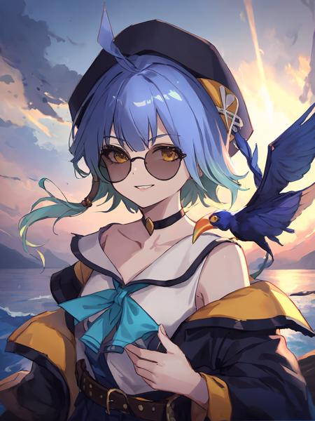 masterpiece,best quality,highres,cinematic lighting,dramatic angle,<lora:ShadowverseBarbarosV1-000036:0.8> ,1girl,blue hair,ahoge,gradient hair,messy hair,hat,hair ornament,sunglasses,jacket,white shirt,sailor collar,bowtie,belt,sheath,pleated skirt,(single black thighhigh:1.1),ocean,looking at viewer,sunset,bird,parted lips,smile,on boat,choker,bare shoulders,portrait,yellow eyes,adjusting hair,collarbone,close-up,waving hand