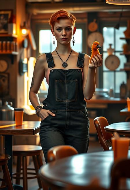 Photorealistic photography of Cafe environment, with a young 18 years old alchemist featuring ginger hair, sw33ny, grey eyes, beautiful figure in a stylish overalls, wearing satanic accessories, necklace, punk style ear piercing,
standing, Balancing a duck on her fingertips, looking confident.
Soft ambient lighting, enhancing the warm workshop atmosphere.
Warm, natural light streaming in through the windows.
8K resolution for ultra-high detail.
Hyperrealistic textures for maximum realism.
Photorealistic rendering for a lifelike appearance.
Ultra-sharp focus on key elements.
Cinematic color grading for a filmic look.
Dynamic range to capture the full spectrum of light.
High dynamic range (HDR) for balanced lighting.
Soft focus on background elements to create depth.
Fine detail enhancement for intricate textures.
Ultra-high contrast for dramatic effect.
Realistic depth of field for a natural look.
Vivid color saturation for a vibrant scene.
Sharp edge detailing on the character and cafe furniture.
Smooth gradient transitions for a polished look.
Subtle vignetting to focus attention on the character.
Enhanced clarity on all elements.
Realistic motion blur for any movement.
Perfectly balanced lighting for a natural feel.
Natural color tones for the cafe and character.
Crisp shadow definition for high detail.
Warm, inviting color palette for a serene atmosphere.