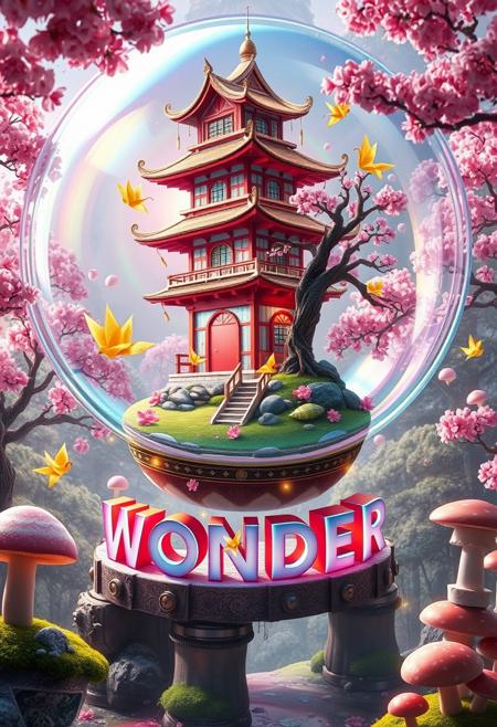 Behold a dazzling digital dreamscape where reality bends and imagination soars! At its heart, a colossal soap bubble gleams with iridescent rainbows. Inside, a topsy-turvy Japanese pagoda floats, its candy-striped silk walls and golden origami cranes cascading from the roof.
Perched atop a floating island of neon-green grass, surrounded by cherry blossom trees with cotton candy blooms, the scene is alive with swirling pink petals. A cheeky bonsai tree with a kaleidoscope of leaves grins widely, while firefly fairies flit about.
The bubble rests on a contraption of polished copper and glowing gemstones, teetering on oversized moss-covered blocks spelling "WONDER." A moat of liquid starlight encircles the scene with leaping origami koi fish, set against a backdrop of an enchanted forest with ice cream tree trunks and giant mushrooms. Prismatic light shafts reveal mischievous cloud sheep in a sky shifting from bubblegum pink to electric blue. The entire composition pops with a riot of electric purples, lime greens, sunset oranges, and cerulean blues.