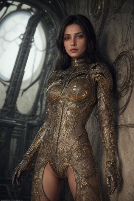 Raw Photo of planetary explorer of harsh alien worlds, wearing transparent, ((translucent), gold filigree biomechanical suit, gold filigree gloves, ((light bokeh)), intricate, elegant, sharp focus, soft lighting, vibrant colors, masterpiece, detailed face, intricate details, cinematic shot on Nikon z9 mirrorless camera, ultra realistic, (art by Darek Zabrocki and Giger and Cedric Peyravernay),  (detailed exterior sci-fi environment :1.4), Dystopian, photorealistic, epic, highly detailed eyes, eyes are identical and symmetrical  <lora:more_details:0.9> ((eye contact)), looking at viewer