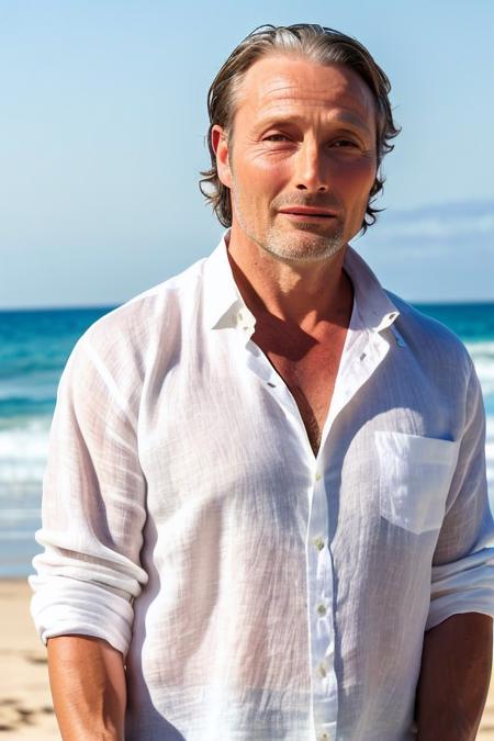 RAW photo, a close-up photo of mads65 wearing a white linen shirt, the background is a beach, (high detailed skin:1.2), 8k UHD, DSLR, soft lighting, high quality, film grain, Fujifilm XT3