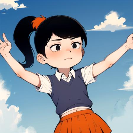 1girl, solo,akiko yoshida, black hair, ponytail, sweater vest, school uniform, orange skirt, black eyes,  shirt, short sleeves,