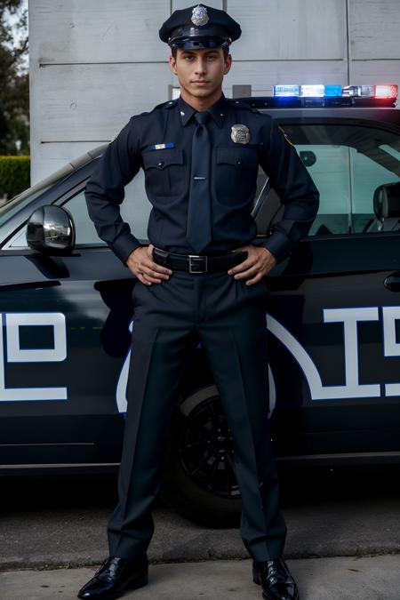 standing next to a police cruiser, JackHarrer, black-color, dress shirt, belt, pants, badge, masterpiece, (((full body portrait))) <lora:Clothing - Sexy Police Officer:0.65>  <lora:JackHarrer:0.8>