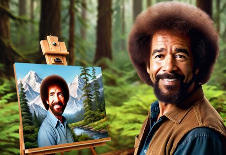 A stunning digital art rendition of Bob Ross, the iconic painter, captured in the highest quality and utmost realism. The portrait should showcase Bob Ross in his element, surrounded by serene nature, with his trademark afro and gentle smile, exuding warmth and creativity. The artwork should evoke a sense of tranquility and artistic inspiration, staying true to Bob Ross's legacy as a beloved art instructor and TV personality.