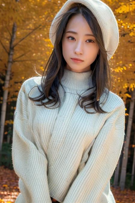 1girl,(wearing a cardigan and long skirt:1.2),(wearing a turtleneck sweater:1.4)(wearing a wooly beret),(RAW photo, best quality), (realistic, photo-realistic:1.4), masterpiece, an extremely delicate and beautiful, extremely detailed, 2k wallpaper, Amazing, finely detail, extremely detailed CG unity 8k wallpaper, ultra-detailed, highres, soft light, beautiful detailed girl, extremely detailed eyes and face, beautiful detailed nose, beautiful detailed eyes,cinematic lighting,(in a beautiful forest of pine trees at a Japanese countryside),(autumn scenery:1.3),(maple trees in autumn),(by a small rocky river),(morning light),perfect anatomy,slender body,<lora:sumidaayano_lora:1>