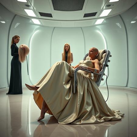 A slender, totally bald, arrogant  rich norvegian bride, reclined in a polished steel restraint fetish chair, dressed in a luxurious, rich fantasy satin wedding gown with a fitted, boned corset accentuating her ultra-thin waist. and a full, flared skirt, paired with satin high heels, orgasm face. The massive electrodes holding her head pressed to the steel restraint chair headrest,  cabled to a  futuristic superconputer rack. Her hands and ankles are bound to the steel restraint chair   by massive steel restraints,   weird fog from the floor.  (Tall  maid in blaсk latex catsuit   holding her blonde long haired wig at background) The scene is set in a sterile, empty chamber, with a glossy mother-of-pearl finish, evoking a sense of futuristic dread. Inspired by the cinematic styles of Ridley Scott, Guillermo del Toro, and H.R. Giger, with a blend of sci-fi and horror elements, this full-body portrait is a masterpiece of cinematic storytelling, shot on a virtual v-raptor XL camera, with a warm, film-grained aesthetic, subtle vignette, and rich color grading, reminiscent of 35mm film, with dramatic, atmospheric lighting, inviting the viewer to immerse themselves in this epic, stunning scene.