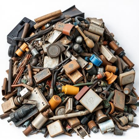 Front view of a A small pile of junk, within the pile is an assortment of items including metal junk, plastic junk, and textile junk
