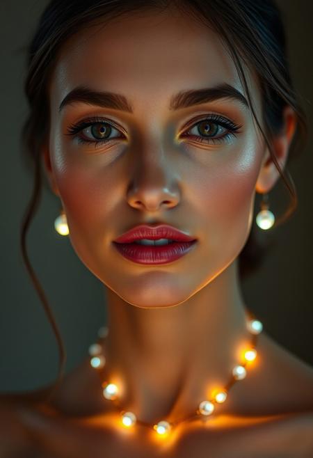 subtle LED-infused jewelry, natural glow, soft lighting, (warm LED accents:1.3) around the neck and earrings, elegant facial lighting, (embedded LED glow:1.5), minimalist beauty tech, (natural skin tone:1.4), soft makeup look, flawless complexion, warm, glowing skin, high-definition, jewelry infused with soft light, (understated elegance:1.4), (glowing LED accents:1.2) highlighting facial features, ultra-realistic textures, seamless integration of technology, smooth skin, natural glow highlighting cheekbones and jawline, soft, warm lighting around the face, gentle under-skin LED accents, (radiant but natural:1.5), tech-infused beauty, subtle glowing effects from jewelry, delicate light reflections, refined elegance, modern beauty with advanced tech, high-resolution, radiant skin