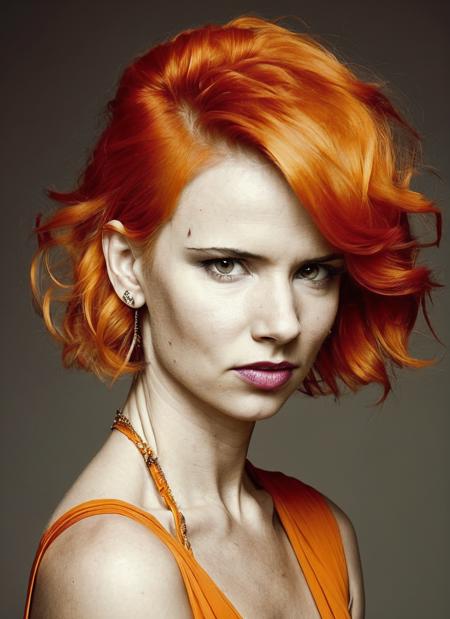 portrait of sks woman by Flora Borsi, style by Flora Borsi, bold, bright colours, orange Mohawk haircut, ((Flora Borsi)), <lora:locon_juliette_v1_from_v1_64_32:1.4>