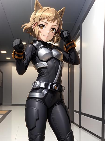 (extremely detailed CG), (best quality), perfect face,  shiny skin, lustrous skin, <lora:NagoEntry-10:0.7> NagoEntry, gloves,rider belt, belt,bodysuit,,cat ears, armor,black gloves,handcuffs,black footwear,boots,,solo,1girl, <lora:Hibiki flexible:0.8>thflex ,fullbody,tachibana hibiki \(symphogear\) (hair clip:1.1) brown eyes, smile,standing, paw pose