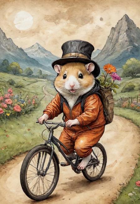 old book style ink illustration, on parchment, ink splashes, ink stains, ink smears, faded ink, chubby Dzungarian hamster in an adventurer's hat, dressed in a tracksuit, participates in a bicycle race, mountain track, sports bike, Seeing plants and flowers from the ground, view from below, atmospheric dreamscape painting, dream scenery art, highly detailed visionary art, cgi style, vibrant oil painting, splash art, Cozy mystery, masterpiece 8k wallpapper, neoplasticism, Unreal Engine, dramatic lighting, coat, pantless, linquivera, liiv1, on parchment