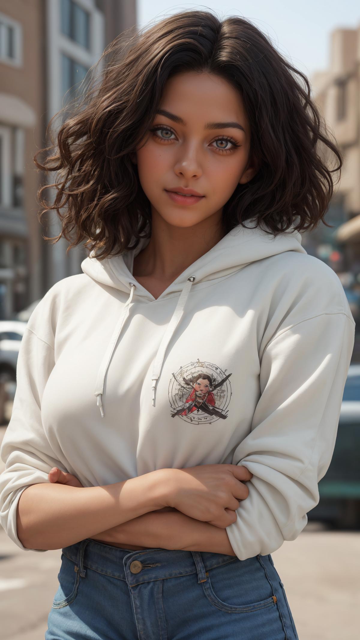 A woman wearing a white hoodie with a design on the front.