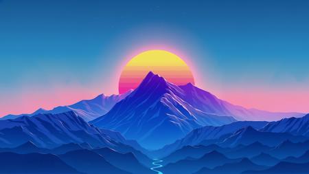 This is a digital illustration in a stylized, semi-realistic digital art style, featuring a breathtaking himalayan mountain landscape under a vivid gold golden sunset. The scene depicts a range of rugged, jagged mountains bathed in the fading light of a setting gold sun. The mountains stretch across the entire width of the image, with varying shades of blue and purple creating a sense of depth and distance. Snowy mountaintops and foresty and rocky in teh valleys. Snow. Forests.
