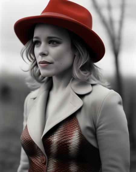 RachelMcadams, photograph, [Old|Gentle] voluptuous Female of Elements, wearing Average Snakeskin Red Trapper hat, Winter, tilt shift, Movie still, Suffering, moody lighting, Ilford HP5, Depth of field 100mm, art by Giorgio de Chirico, <lora:RachelMcadamsSDXL:1>