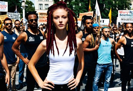oiltnsxlrd 1girl realistic solo 24 year old, supermodel, very skinny, petite, small breasts, Maroon dreadlocks, caucasian, blue eyes, fair skinned, best quality, RAW photo, subject, 8k uhd, high quality, photorealistic, affluent, Activists gathering at a city square, rallying against systemic injustice and inequality, a strong sense of solidarity, Reflection shot <lora:oiltnsXLrd:0.9>