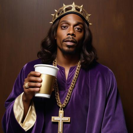 Black Jesus, Realistic depiction of black jesus, sort of looks like Dave Chappelle, gold teeth, drinking purple drank in a styrofoam cup wearing a gold chain with a gold cross on it, a bunch of other stereotypical items black people wear, gucci robes, bling, realistic skin