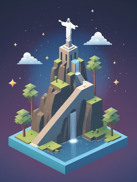 video game monument valley style, Christ the Redeemer on roof, stairs, water, cloud, trees, waterfall, gradient background, Night, starry sky, <lora:Monument Valley style:0.75>