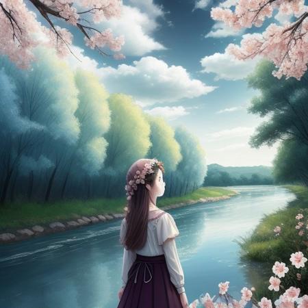 sky, 1girl, river, tree, flower,  <lora:cc:1>