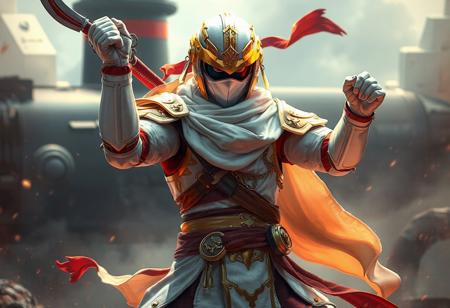 Depict an epic, full-body view of a Crimson Shadow Armor Ninja, adorned with pristine white armor accented in gold and red. The Ninja, holding a Kunai with Chain in one hand and raising the other in triumph, wears a yellow helmet with a red visor. Set against a Dark Tuner Doom Submarine background, the Ninja's dynamic pose and contrasting colors create a captivating visual. Enhance the image with sharp lines, brush strokes, stunning colors, and vivid emotions. Highlight the Ninja's intricate armor details, handcrafted with precision, and showcase harmonious, multi-colored lighting. Create a 4K or 8K artwork, capturing a well-timed moment of joyful impact and powerful message. Submit to CGSociety and Artstation for trending consideration.