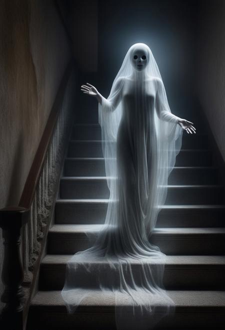 Ethereal Echoes :  Translucent figure of a ghost on the stairs, use of "pointillism" vintage style with 1/1 thickness in the top corner in light white and 1/10000 thickness in the bottom left corner in contrasting dark colors, in the bottom left a beautiful woman posing for the scene. RAW HDR, UHD, HQ, 8k resolution, whimsical and stunning fantasy. The rich color palette elevates this piece to a masterpiece.