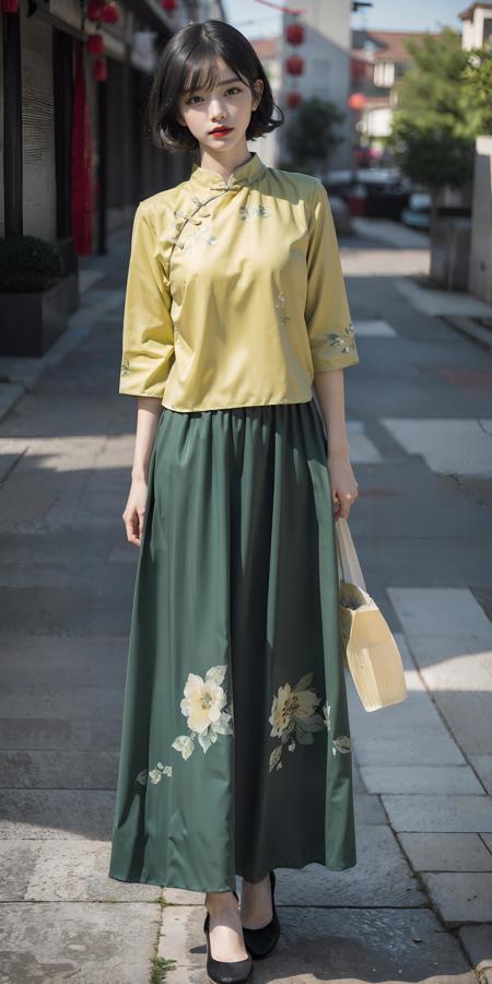 <lora:ChinaDressV2.0:0.7>,(yellow chinese upshirt:1.2),(floral printed chinese upshirt:1.2),(green long skirt:1.2),(floral printed long skirt:1.2),1 girl,full body, high heels,(short hair:1.1), (realistic:1.7),((best quality)),absurdres,(ultra high res),(photorealistic:1.6),photorealistic,octane render,(hyperrealistic:1.2), (photorealistic face:1.2), (8k), (4k), (Masterpiece),(realistic skin texture), (illustration, cinematic lighting,wallpaper),( beautiful eyes:1.2),((((perfect face)))),(cute),(standing),(black hair),(short hair),black eyes,red lips, (outdoors), <lora:JapaneseDollLikeness_v15:0.4>