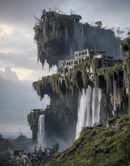 overgrown postapocalyptic ruins, birds in the sky, a rainbow, waterfall : : close shot : : 3 5 mm, realism, octane render, 8 k, exploration, cinematic, trending on artstation, realistic, 3 5 mm camera, unreal engine, hyper detailed, photo - realistic maximum detail, volumetric light, moody cinematic epic concept art, realistic matte painting, hyper photorealistic, concept art, volumetric light, cinematic epic, octane render, 8 k, corona render, movie concept art, octane render, 8 k, corona render, cinematic, trending on artstation, movie concept art, cinematic composition, ultra - detailed, realistic, hyper - realistic, volumetric lighting, 8 k