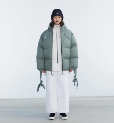 <lora:fashion_lora:1.5>,  <lora:ana_lora_sdxl_v3-000008:1>, Puff, Down jacket, (Clean white background:0.8), 1girl, solo, 8k, Octane rendering, (Full body:0.8), Photo quality, (realistic:1.37), (Real lighting:1.3), Fine facial features, Detail Shadow, Oval face, Mid split long hair, double-fold eyelids, Seven headed body, White teeth, White skin, Parallel perspective, Long sleeved, Velcro, double zipper, (Nine headed body:0.75), fashion, short style, hat, long sleeve, V quilted suture, cuff rib, knot, pull rope, zipper, white clothing, shoes, sunglasses, single person, sneakers, shorts, jacket, socks, standing, gray background, whole body, 1 girl, open clothes, gradual change, gradual change background, shirt, black hair, long sleeve, open jacket, necklace, bag