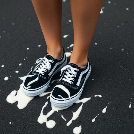 woman wearing sneakers, woman standing on a black asphalt street, sneakers are covered in thin splashes of whitish creamy sauce,  
(((all-black-canvas-women's-Vans-sneakers))), (((Vans-Authentic-sneakers))), ((((black-sneakers-with-white-laces)))