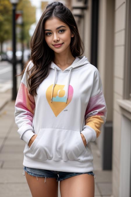 A photo of a beautiful cute young woman
<lora:Hoodies V2 By Stable Yogi:0.8> wearing multicolor hoodie, white