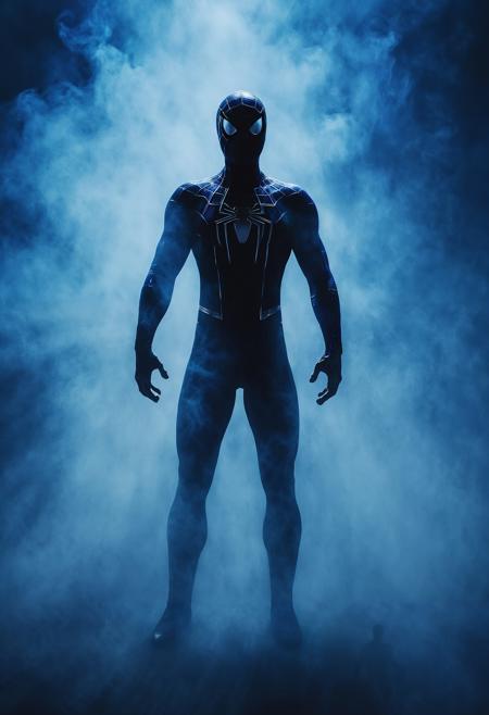 Cinematic silhouette of Spiderman in the dark surrounded by blue color fog.