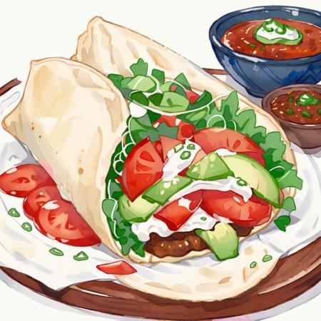 A vibrant watercolor painting of a Mexican burrito, filled with colorful ingredients. The watercolor technique highlights the fresh greens of lettuce, the rich reds of tomato and salsa, and the creamy texture of guacamole and sour cream. The tortilla is painted with soft, flowing strokes, giving it a delicate and appetizing appearance. The background is a light wash of color, allowing the burrito to be the focal point of the composition,<lora:waterdrawfd:0.85>