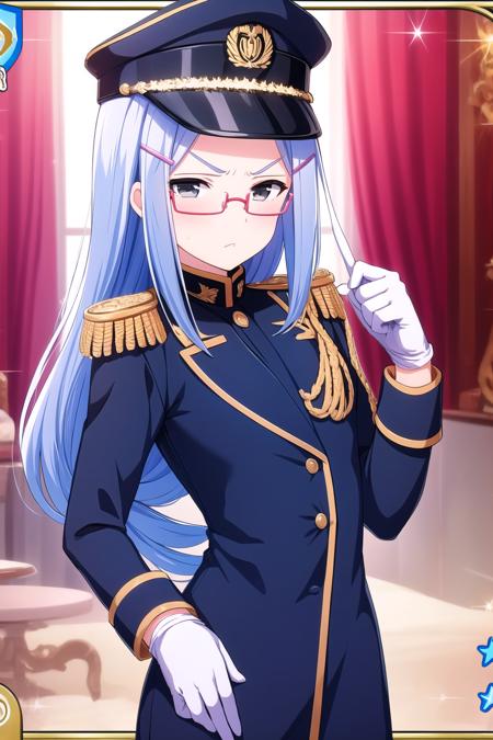 (masterpiece, best quality), highly detailed background, perfect lightingbest quality, kiryuunoriko, solo, indoors, military, peaked cap, blue hair, hairclip, hair ornament, long hair, low-tied long hair, frown, v-shaped eyebrows, glasses, grey eyes, epaulettes, armband, <lora:GoodHands-vanilla:1>, white gloves, military uniform, closed mouth, pink lips, <lora:Kiryuu-Noriko:0.7>