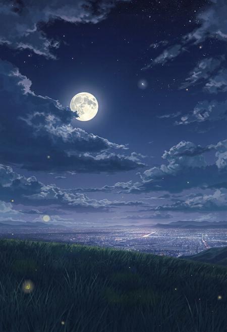 Anime night scene from a grassy hill, slow drifting clouds parting to reveal a glowing full moon, faint flickering stars begin to shimmer, fireflies floating softly near the ground, distant city lights twinkling far below, soft purple-blues and silver light, deeply emotional, ultra-detailed.
Inspired by: The Place Promised in Our Early Days
