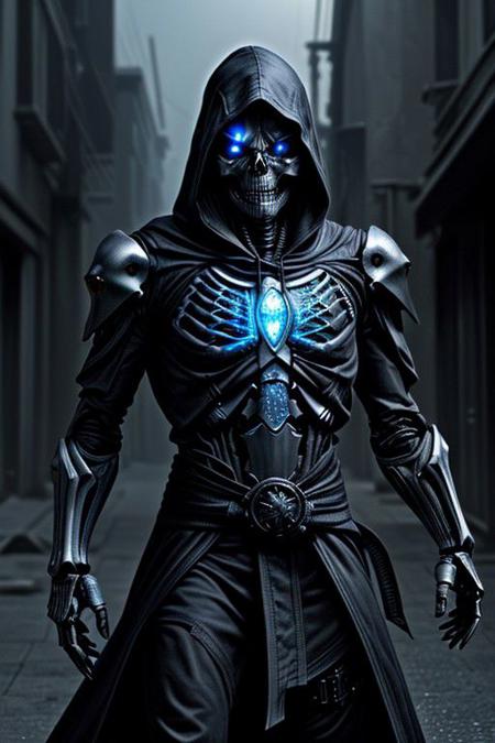 (masterpiece:1.2), best quality, high resolution, perfect lighting, extremely detailed, (Terminator assasin),  battle scared white and black carbon armor,  Wearing a dark cloak with hood, skull face just visable under hood, (very dim light blue eyes, eyes very dim blue glow), (full_armor fitted like a skeleton ribs design), humanoid, Metal Human skull head, (extreme detailed micro mechcanical scary Metal human skull design). Samurai sword shinning silver, Runes decorative embossments over his cloak, slim muscular body fast agile and stealthy, background a dark back street with subtle lighting and shadows, facing viewer, solo,