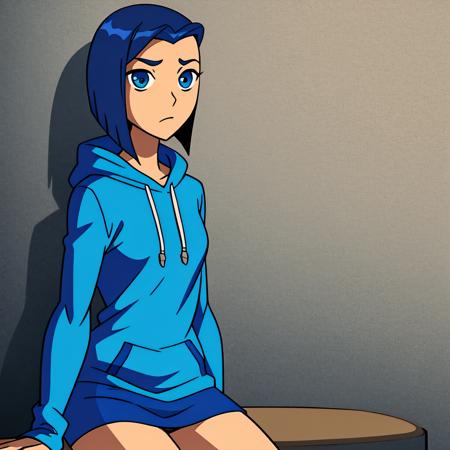 TeenTitans,1girl,solo,sitting,short hair,blue hair,blue hoddie,long sleeves,lookind at viewer,masterpiece,best quality,day