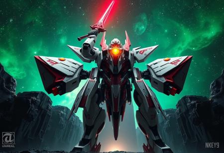 Superdimensional Robot Galaxy Destroyer, vast scale, predominantly white with crimson and obsidian metallic plating, luminous yellow head, black optics, stands centered, wielding a radiant ruby sword aloft, dynamic action pose. Background: emerald nebula green galaxy, stark cosmic gateway. Dramatic lighting, epic composition, creative low angle. Matte painting, digital art, highly detailed, Octane Render, Unreal Engine 5. CGSociety, trending on ArtstationHQ. Golden ratio, 4K, high resolution.