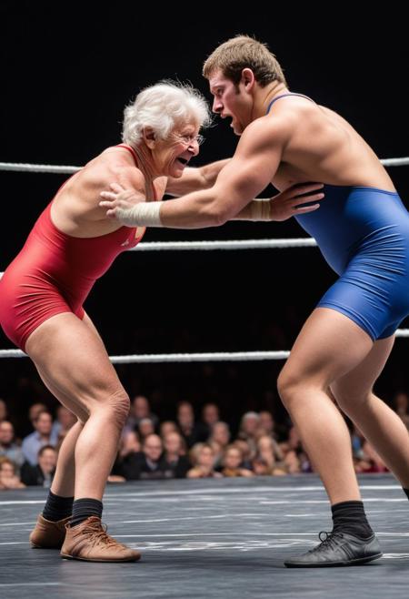 Act as a sports commentator covering an exhibition wrestling match between a youthful, energetic young man and a wily, spirited elderly woman. Provide a detailed account of the match by describing the contrasting styles of the competitors, highlighting the young man's strength and agility against the old lady's experience and cunning tactics. Capture the excitement and unpredictability of the event, emphasizing the dynamic interactions between the two wrestlers as they grapple in a friendly yet competitive manner. Include colorful commentary on the techniques used, the crowd's reactions, and the surprising turns of events throughout the match.