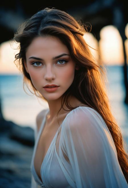 romantic facial portrait of the most beautiful glamour model ever, prim 20 year old woman, elegant long hair, highlights, (realistic skin details:1.2), blurry and out of focus in the background the washed-out colors of Cascade Saint Maurin and Pirates of the Caribbean as mere faint lights, photography by tony kelly and (george hoyningen-huene:0.7), cirque du' soleil meets edenic paradise, (face focus:1.2), award-winning avant-garde composition, sense of depth, blurry background, f1, blurry foregound, kodak portra photography, incredibly lifelike, subtle emergence of hedonsim, castaway survivor, (sexualized:0.2), (large breasts:0.3), vignette, romanticized, dramatic elegance, timeless beauty standard