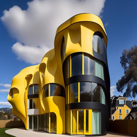 a photo of a modern house with the yellow facade in organic shapes and forms in the style midjor, epic sky, <lora:theovercomer8sContrastFix_sd15:0.5>   <lora:Midjor_Style_V1:1>