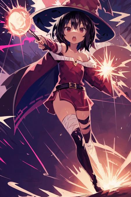 masterpiece,<lora:kaamin-40:1>
kaamin, 1girl, solo, short hair, open mouth, black hair, red eyes, thighhighs, hat, dress, holding, bare shoulders, belt, black thighhighs, cape, witch hat, bandages, red dress, staff, single thighhigh, holding staff, off-shoulder dress, magic, bandaged leg, explosion