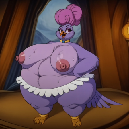 obese, female, pigeon, small skirt, necklace, hair, fur skin
