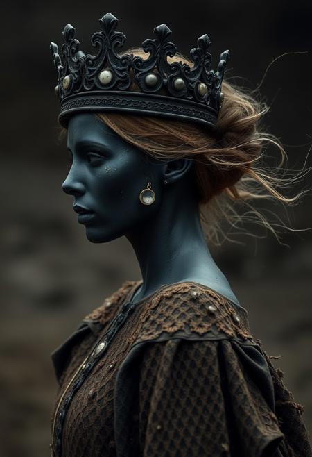 side view, medium shot of the underworld queen, dirt dress, black crown, small white eyeballs, hyper realistic, ultra detailed, translucent oiled skin, black skin, mist, wind