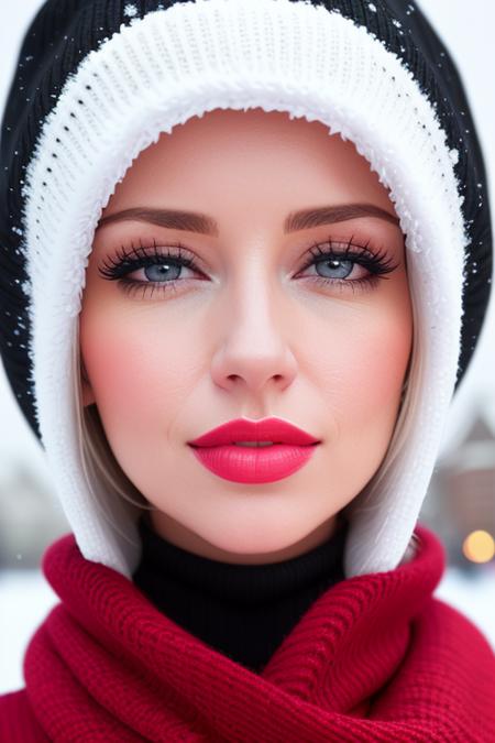 photo of a woman,sophie:0.99,((pale skin, short hair, black hair):1.2), ((scarf, warm hat, turtleneck sweater, fully clothed):1.2),((closeup, portrait):1.2),((outdoors, snow, city):1.2),((red lipstick,heavy eyeliner, heavy eye shadow, blush):1.2), ((best quality, masterpiece, extreme details, high resolution):1.2),((detailed eyes, beautiful eyes, detailed face, beautiful face):1.2)