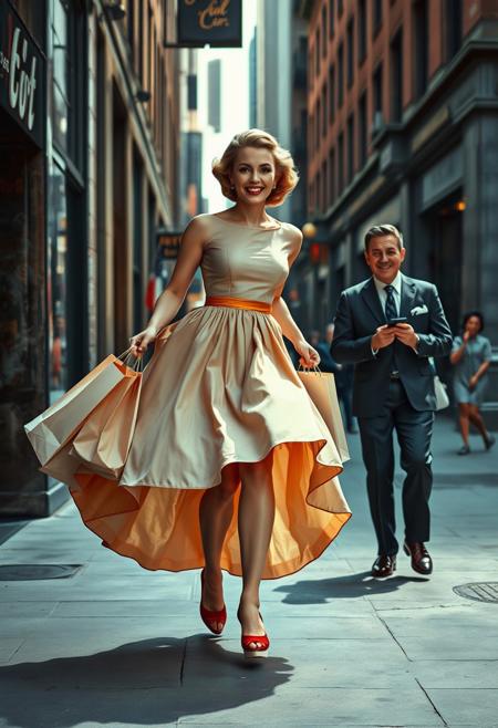 A glamorous 1950s woman in a billowing dress, caught mid-stride on a bustling city sidewalk, her shopping bags tumbling dramatically as an amused passerby looks on. The scene is richly colored with painterly textures, yet the background fades into high-contrast black-and-white photography, blending pin-up fantasy with candid realism.
mid-century Americana, glamorous pin-up aesthetics, candid street photography, dramatic lighting, vintage fashion, playful yet sophisticated, cinematic compositions, dynamic motion, rich nostalgic tones, expressive facial expressions, soft painterly textures, high-contrast black and white elements, staged yet spontaneous moments, storytelling imagery, classic urban scenes, vibrant yet moody, fusion of idealized glamour and raw realism, humor with depth, stylish mid-century atmosphere