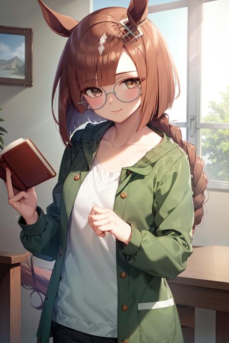 masterpiece, best quality, 
ikuno dictus \(umamusume\), 
holding book, open book, smile, collarbone, 
round eyewear, white shirt, long sleeves, green jacket, open clothes, 
<lora:ikuno_dictus_loha:0.7>