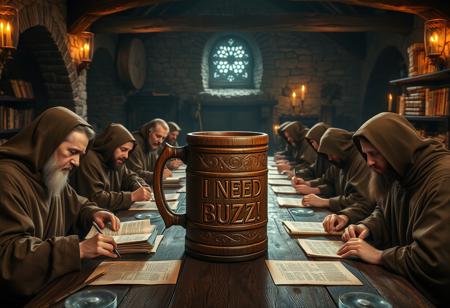 A hyper-realistic scene inside a medieval monastery. A group of monks are gathered around a long wooden table, engrossed in the process of copying ancient manuscripts. Among the scrolls and quills, a large wooden mug with the words 'I NEED BUZZ!' carved into it sits prominently in the center of the table. The monks, dressed in simple brown robes, look focused but tired, with one monk glancing at the mug longingly. The dimly lit room is filled with the warm glow of candlelight, highlighting the stone walls, wooden beams, and shelves lined with books and scrolls.