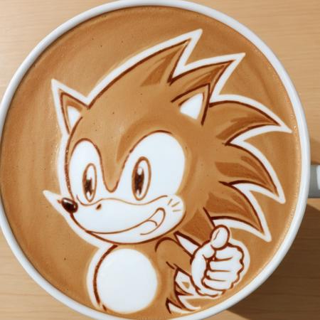 a cup of coffee with a drawing of a sonic, <lora:latte_art:0.5>