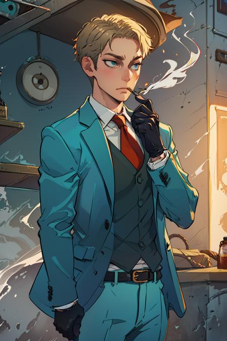 agent_twilight, masterpiece, best quality, (colorful), solo, outside, emotionless, smoking, cigarette, shirt, gloves, holding, closed mouth, jacket, open clothes, necktie, black gloves, belt, pants, vest, formal, suit, green vest <lora:agent_twilight-v2-10:1>