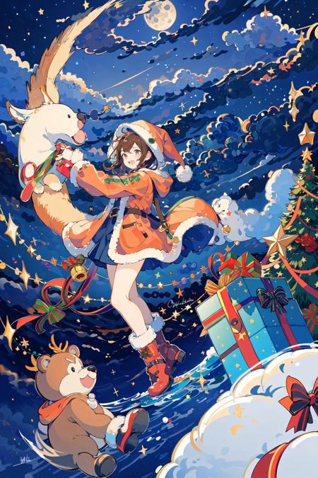 (masterpiece:1.2), best quality,PIXIV, 
fairy tale style, stuffed animal, stuffed toy, teddy bear, 1boy, gift, open mouth, 1girl, hat, cloud, smile, night, christmas, red headwear, christmas tree, sky, child, hood, signature, brown hair, santa hat, hood down, box, gift box, hoodie, short hair, night sky, star \(symbol\), tree, long sleeves, moon, jacket
 <lora:fairy tale style-000016:0.7>