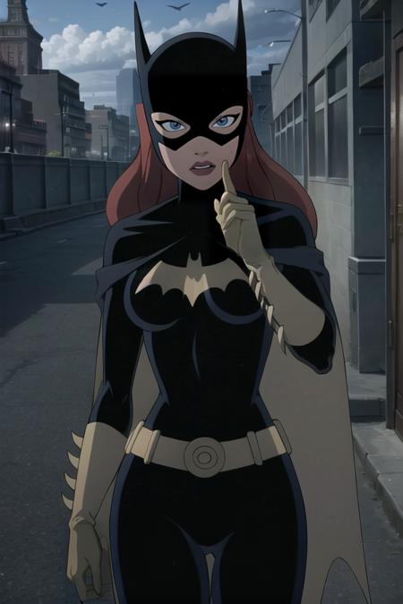 masterpiece, best quality, 1girl, solo, highres, <lora:CARTOON_DC_batgirl_ownwaifu:0.9>, scenery,
CARTOON_batgirl_ownwaifu,www.ownwaifu.com,mask,long hair,blue eyes,bodysuit,breasts,cape,domino mask,belt,medium breasts,superhero,gloves,lips,black bodysuit,helmet,belt buckle,horns,bat_print,pouch,